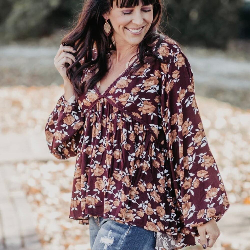 Umgee Floral Boho Tie Back Blouse Brown L